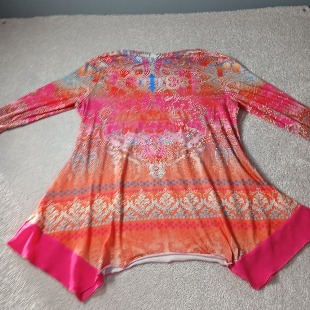 One World Womens Lg Abstract Embellished Coral Org Roses Asym Sweater Tunic Top - Picture 13 of 14